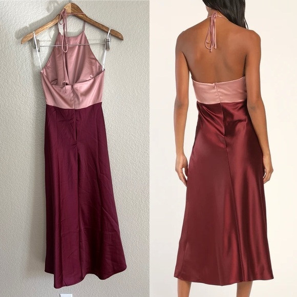 Icon Update Burgundy Color Block Knotted Halter Midi Dress - Picture 3 of 8